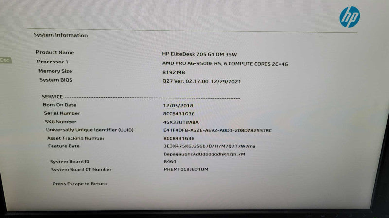HP EliteDesk 705 G4 - AMD PRO A6-9500E R5 | 8GB RAM | NO HDD