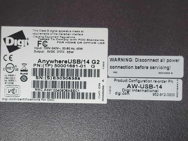 Digi AnywhereUSB/14 Remote I/O Concentrator AW-USB-14 50001681-01  _