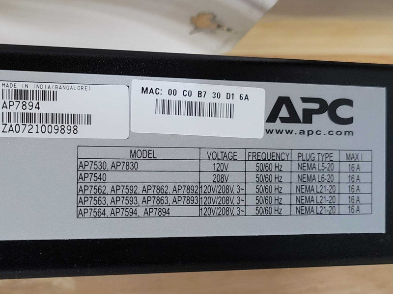 APC AP7894 42-Outlet Metered Rack PDU 120/208V 16Amp 50Hz C13 C19 Q_