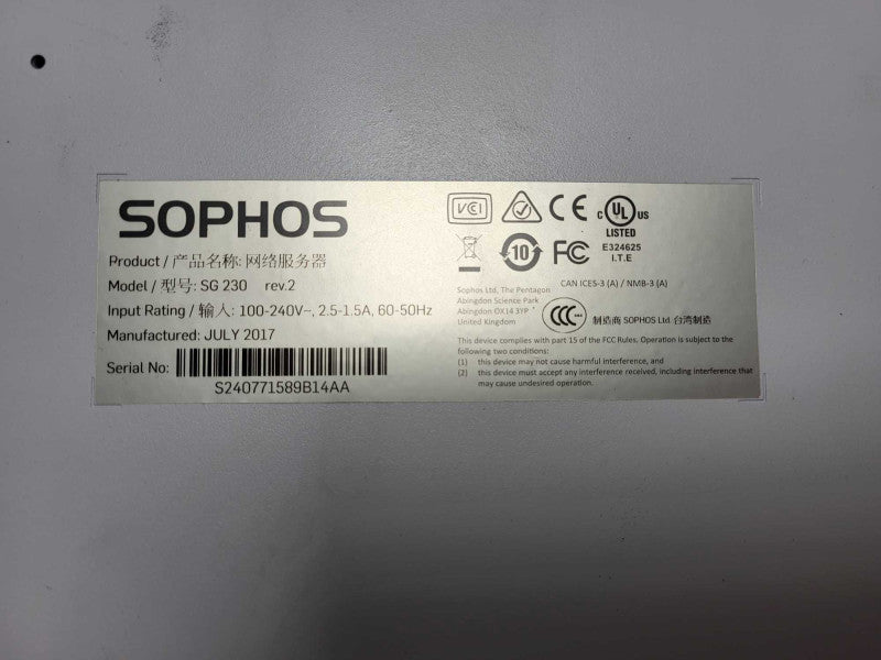 Sophos SG 230 Rev.2 Network Firewall Security Appliance Q$
