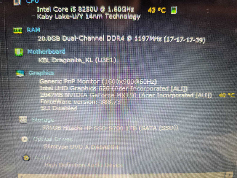 Acer Aspire 5 i5-8250U, 20GB DDR4, 2GB GeForce MX150, 1TB SSD Î²
