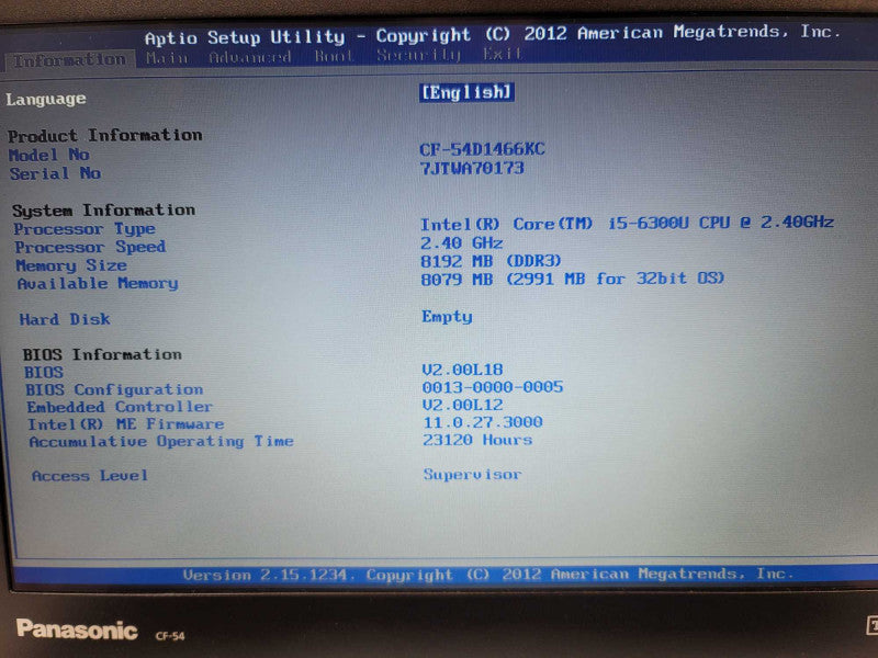 Panasonic ToughBook CF-54 i5-6300 @ 2.40GHz, 8GB DDR3,No HDD/CADDY 23120Hours Î²