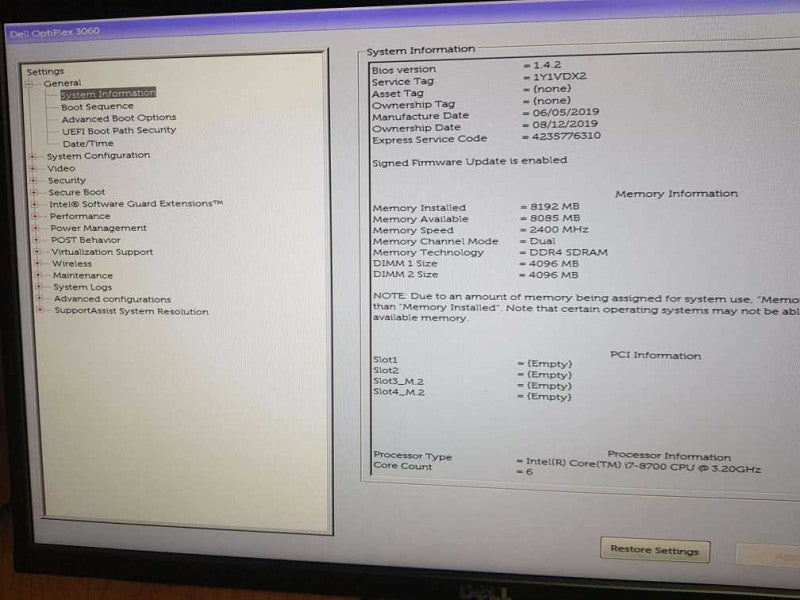 Dell Optiplex 3060 SFF - Intel i7 - 8700 CPU  @ 3.20GHz  8GB DDR4 Ram