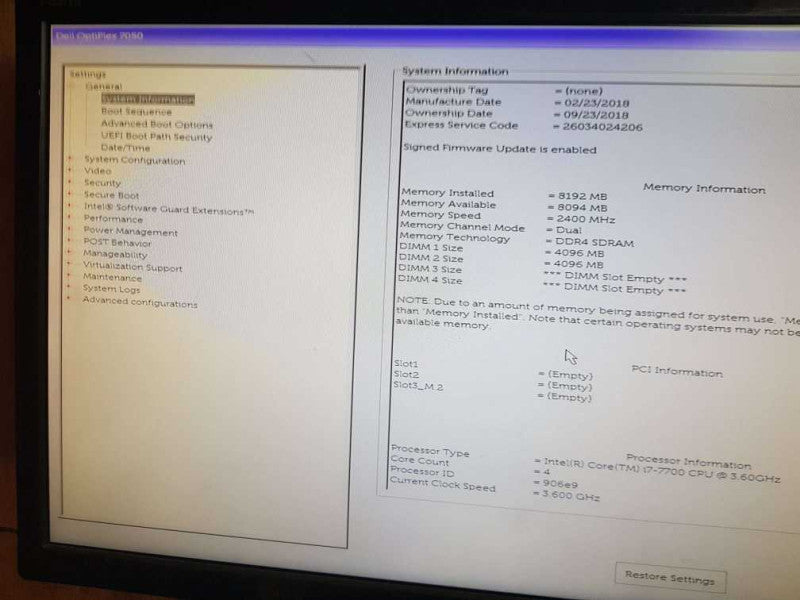 Dell OptiPlex 7050 SFF Intel Core i7 - 7700 CPU @ 3.60GHz 8GB DDR4 RaM