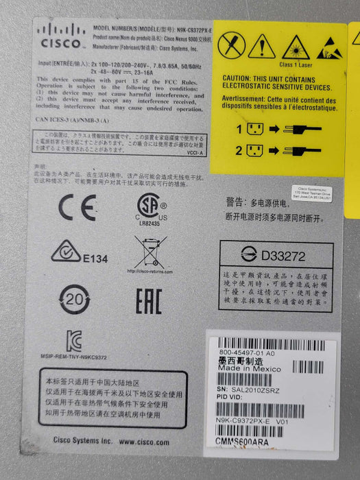 Cisco N9K-C9372PX-E Nexus 9300 48P 1/10G SFP+ Switch Dual PSU, SEE Q_