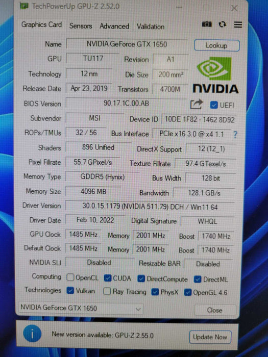 MSI NVIDIA GTX 1650 VENTUS OC 4GB