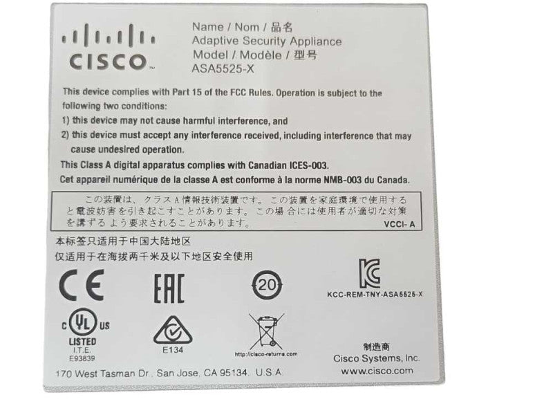 Cisco ASA 5525-X Adaptive security appliance, No HDD, No HDD Caddy Q_