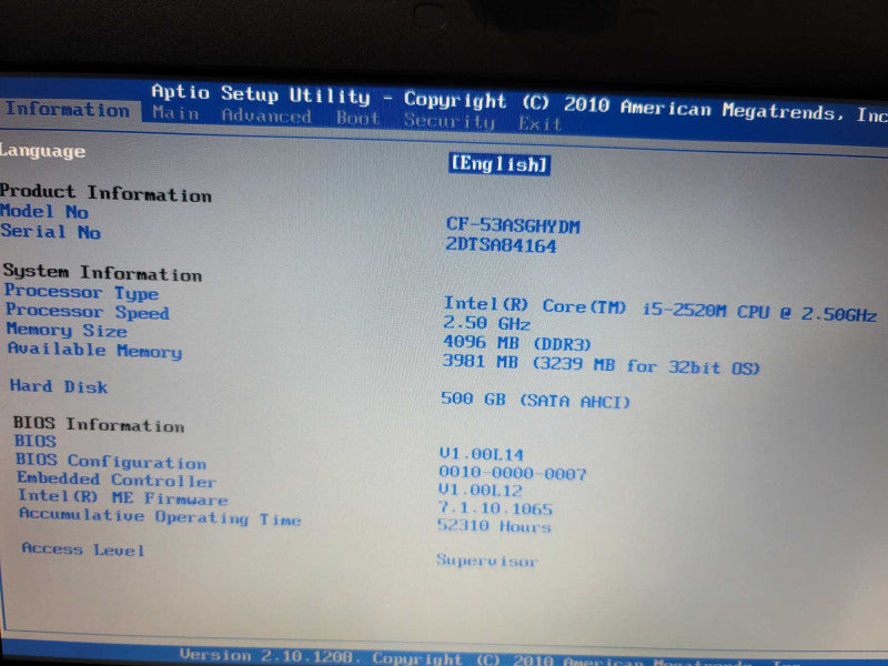 Panasonic ToughBook CF-53 i5-2520M, 4GB DDR3, 500GB HDD, NO OS *READ