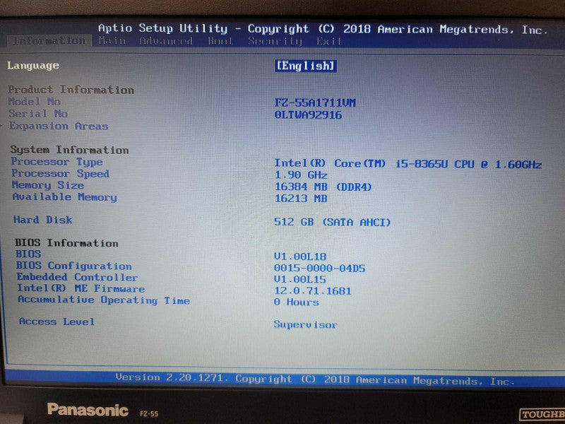 Panasonic ToughBook FZ-55 Touch,  i5-8365U, 16GB DDR4, 512GB SSD, No Battery