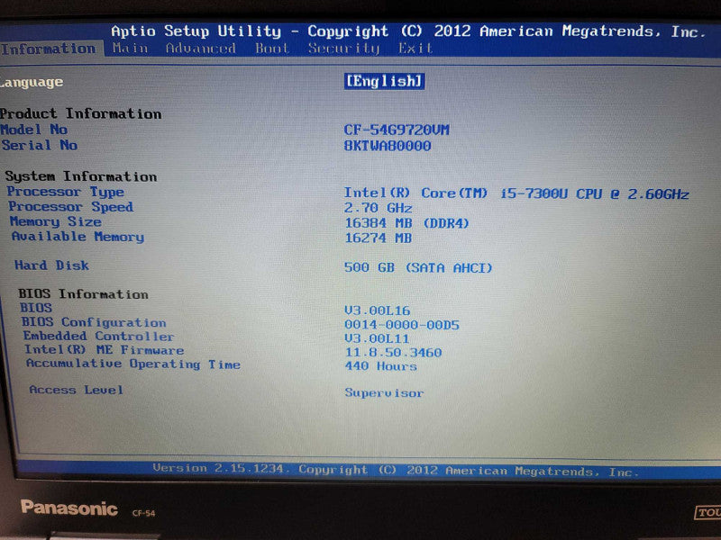Panasonic ToughBook CF-54i5-7300U @ 2.60GHz, 16GB DDR4, 500GB SSD, 400 Hours
