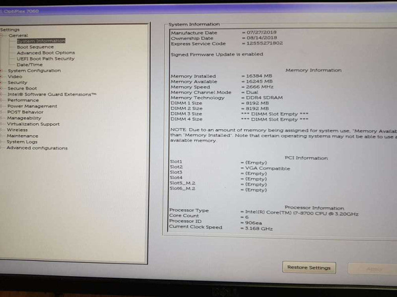 Dell OptiPlex 7060 Mini Tower i7- 8700 CPU @ 3.20GHz 16GB DDR4 Ram