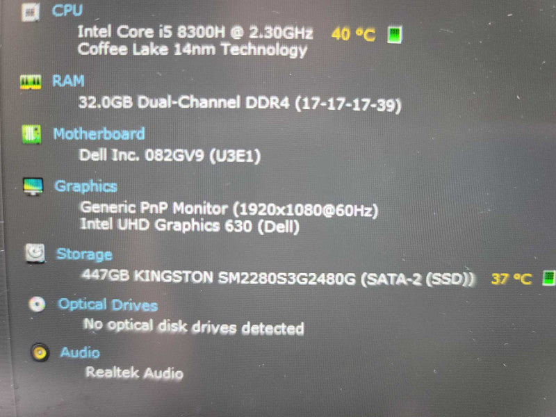 Dell XPS 15 9570  I5-8300H @ 2.30, 32GB DDR4, 500GB SSD * NO AC ADAPTER