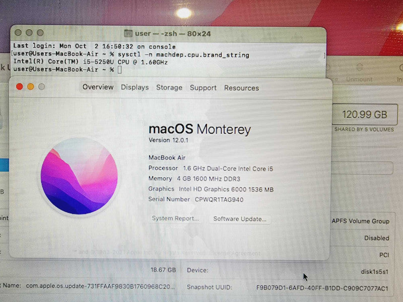 Apple Macbook Air 2015 13\\" Core i5-5250U @ 1.6GHz 4GB DDR3 120GB SSD (