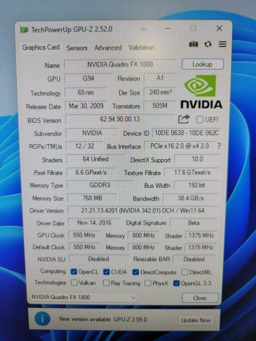 NVIDIAQUADRO FX1800 768MB PCIE Q