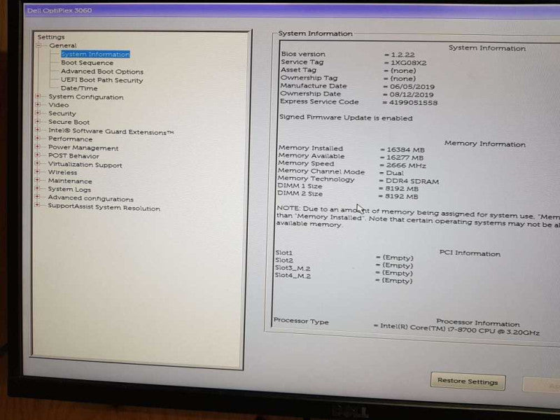 Dell OptiPlex 3060 SFF i7 - 8700 CPU @ 3.20GHz 16GB DDR4 Ram Q