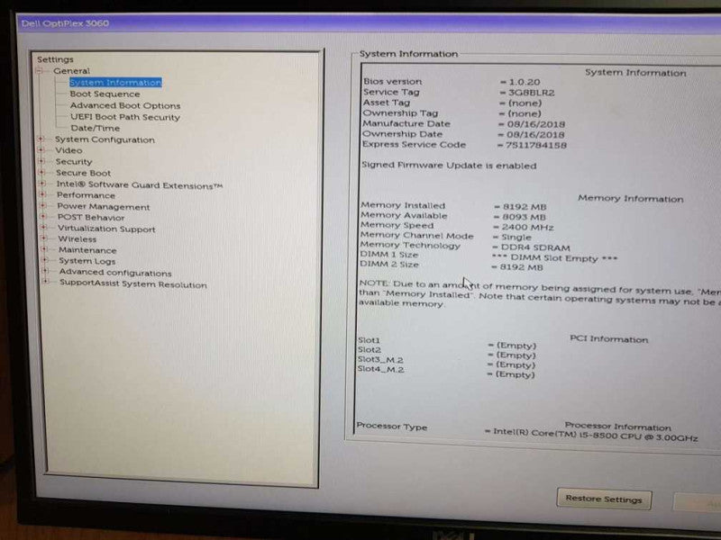 Dell OptiPlex 3060 SFF Intel Core i5 - 8500 CPU @ 3.00GHz 8GB DDR4 Ram Q