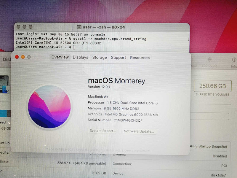 Apple Macbook Air 2015 13\\" Core i5-5250U @ 1.6GHz 8GB DDR3 250GB SSD (