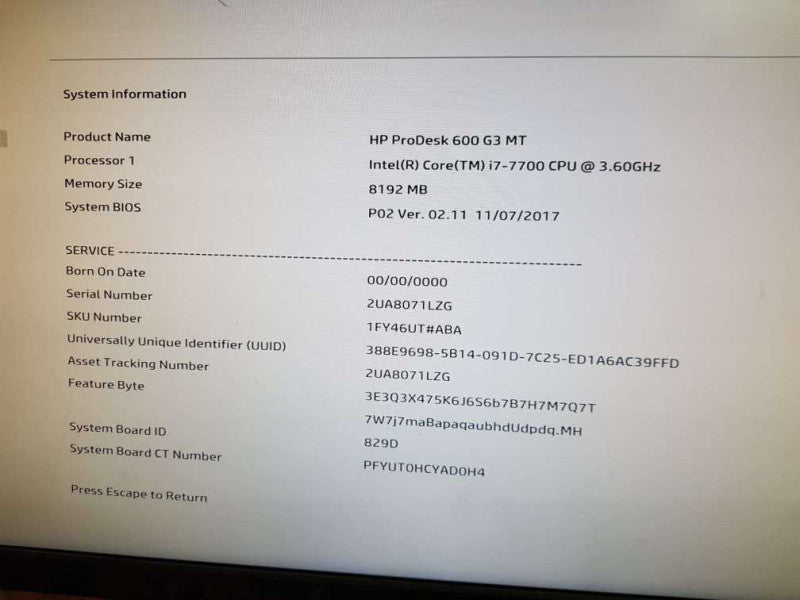 HP ProDesk 600 G3 MT Intel i7-7700 CPU  @ 3.60GHz 8GB DDR4 Ram Q