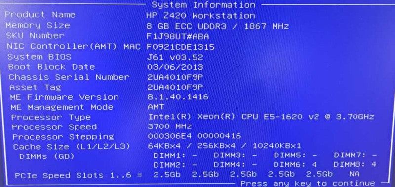 HP Z420 Workstation Xeon E5-1620 v2 @ 3.70GHz 8GB Ram Quadro K4000 )