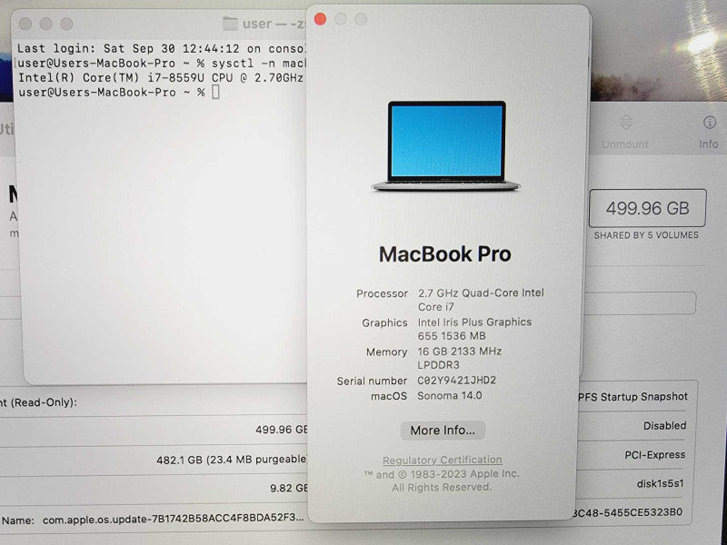 Apple Macbook Pro 2018 13\\" Core i7-8559U @ 2.7GHz 16GB DDR3 500GB SSD (