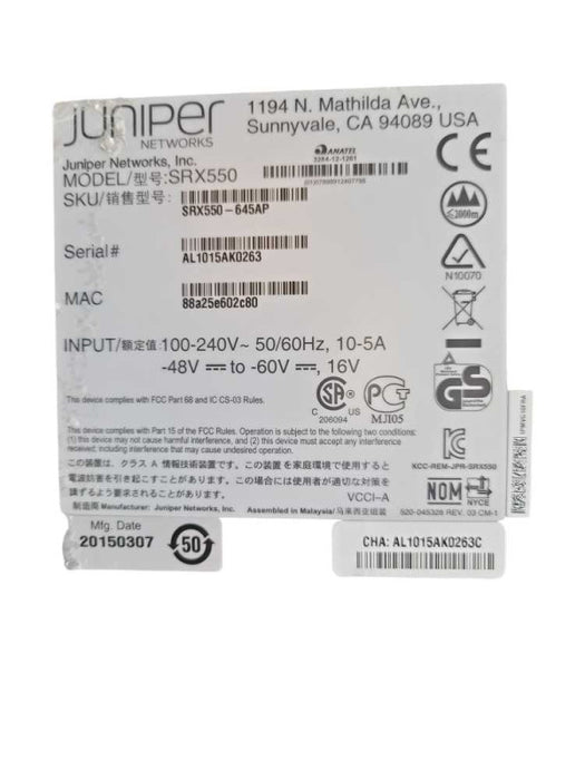 Juniper SRX550-645AP Security Appliance with BSRX-GP-16GE, 1x PSU, READ _