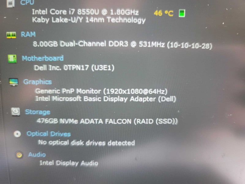 Dell XPS 13 9560 i7-8550U @ 1.80GHz, 8GB DDR3, 512GB m.2 *read