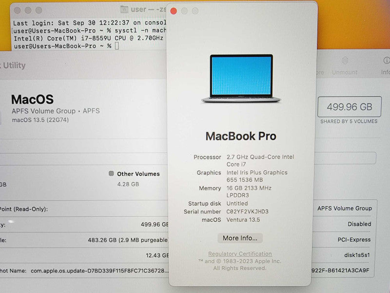 Apple Macbook Pro 2018 13\\" Core i7-8559U @ 2.7GHz 16GB DDR3 500GB SSD (