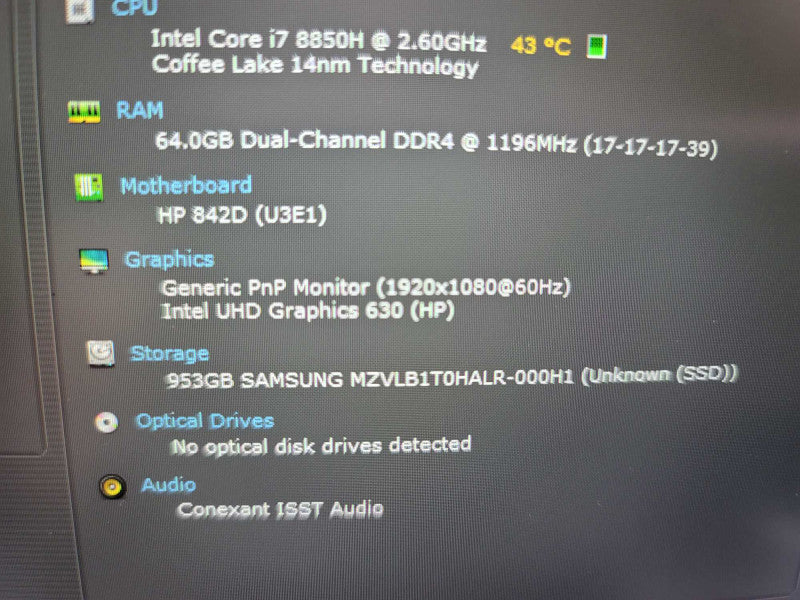 HP ZBook 17 G5 i7-8850H, 64GB DDR4, 1 TB M.2, No Battery