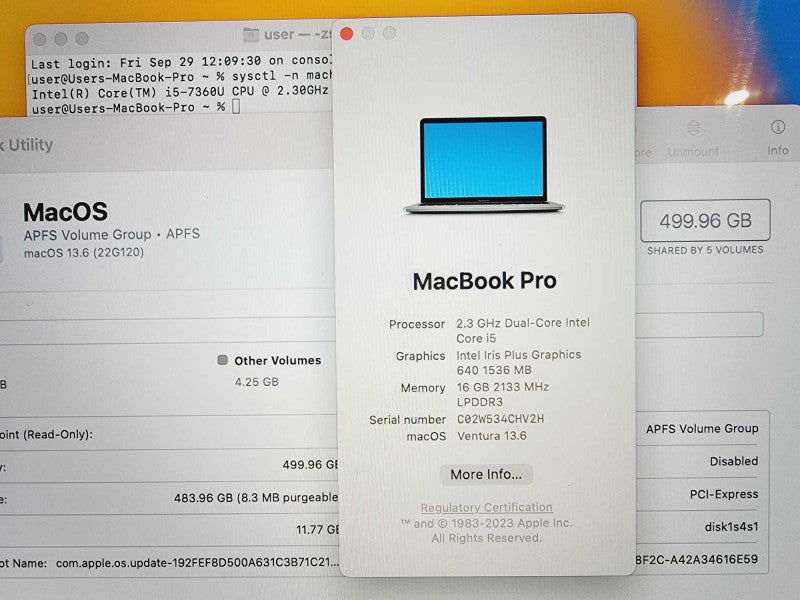 Apple Macbook Pro 2017 13\\" Core i5-7360U @ 2.6GHz 16GB DDR3 500GB SSD (