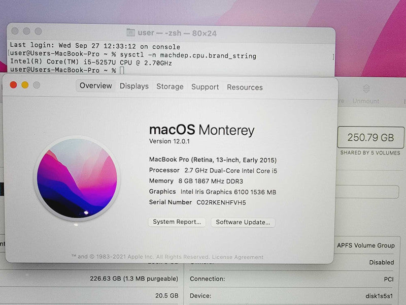 Apple Macbook Pro Retina 2015 13\\" Core i5-5257U @ 2.7GHz 8GB DDR3 250GB SSD (