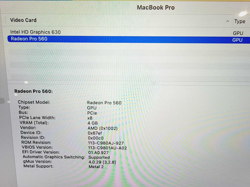 Apple Macbook Pro 2017 15\\" Core i7-7820HQ @ 2.9GHz 16GB DDR3 500GB SSD Radeon Pro 560 4GB (