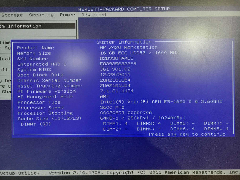 HP Z420 Workstation Xeon E5-1620 @ 3.60GHz 16GB Ram Quadro 4000 GPU No HDD\\'s !