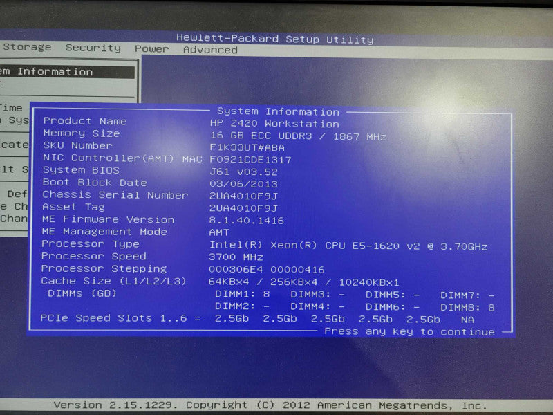 HP Z420 Workstation Xeon E5-1620 v2 @ 3.60GHz 16GB Ram Quadro K4000 GPU No HDD !