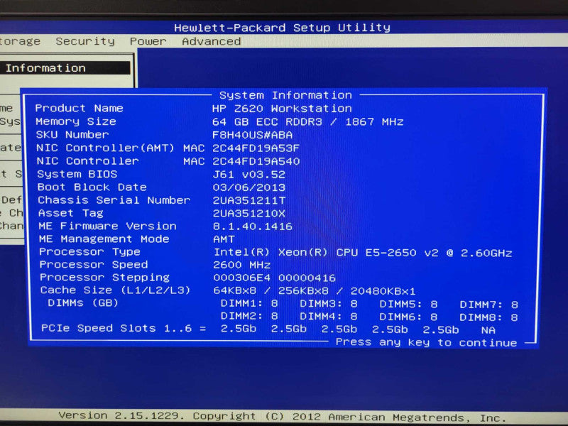 HP Z620 Workstation Xeon E5-2650 V2 @ 2.60GHz 64GB ECC DDR3 GTX 780 No HDD Q$