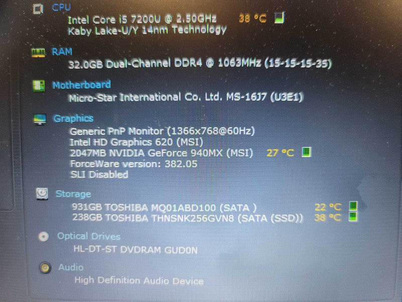 MSI CX62 7QL i5-7200U, 32GB DDR4, 2GB Nvidia GeForce 940MX, 256GB m.2+ 1TB HD Î²