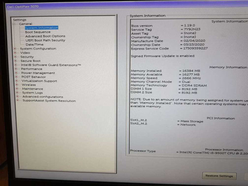 Dell OptiPlex 3070  i5- 9500T CPU  @ 2.20GHz 16GB  DDR4  Ram Q