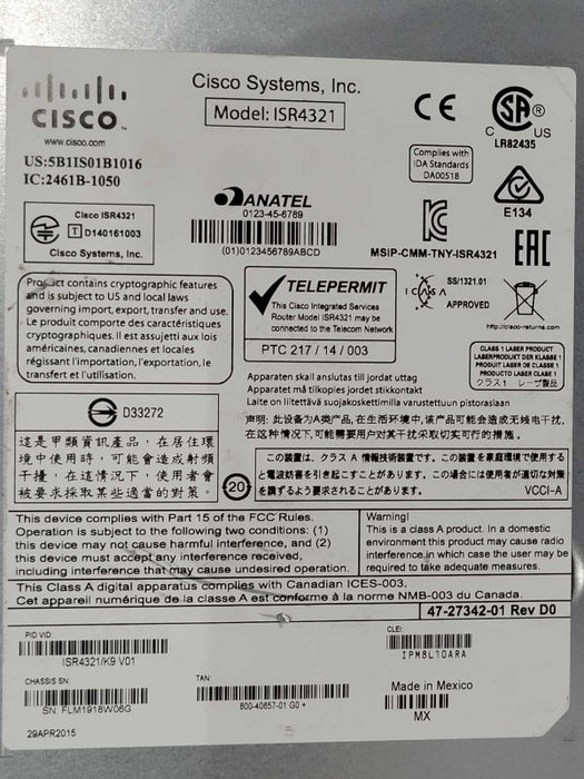 CISCO ISR4321/K9 Gigabit ISR Router, No PSU, READ _