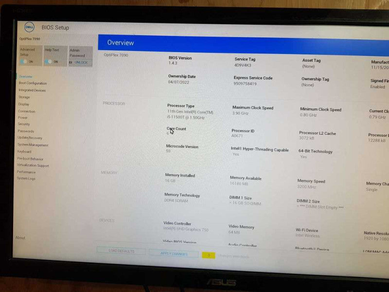Dell OptiPlex 7090 Micro 11th Gen intel(R) Core(TM)  i5 -11500T @ 1.50GHz 16GB
