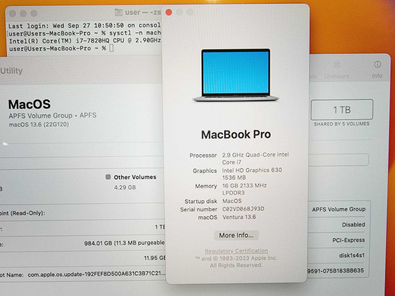 Apple Macbook Pro 2017 13\\" Core i7-7820HQ @ 2.9GHz 16GB DDR3 1TB SSD (