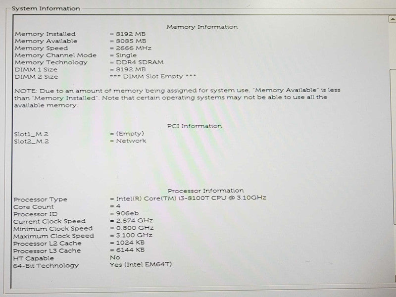 Dell Optiplex 3060 Core i3-8100T @ 3.1GHz 8GB DDR4 No HDD (