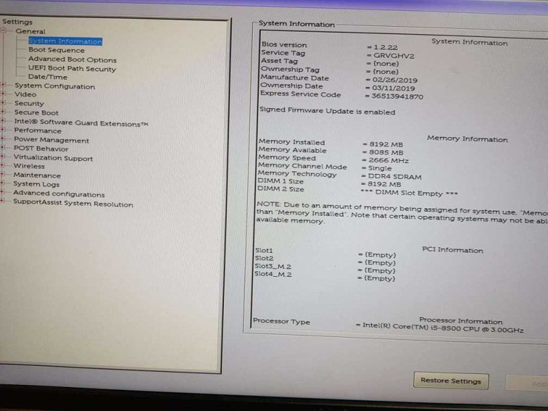 Dell OptiPlex 3060 SFF i5 - 8500 CPU @ 3.00GHz 8GB DDR4 Ram(NO HDD)
