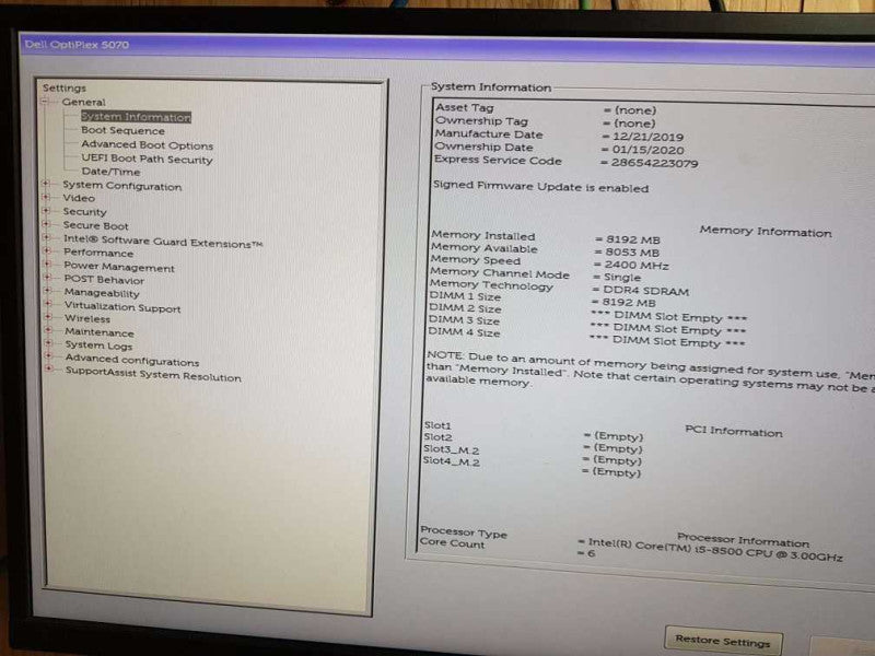 Dell OptiPlex 5070 SFF i5 - 8500 CPU @ 3.00GHz 8GB DDR4 Ram (NO HDD)