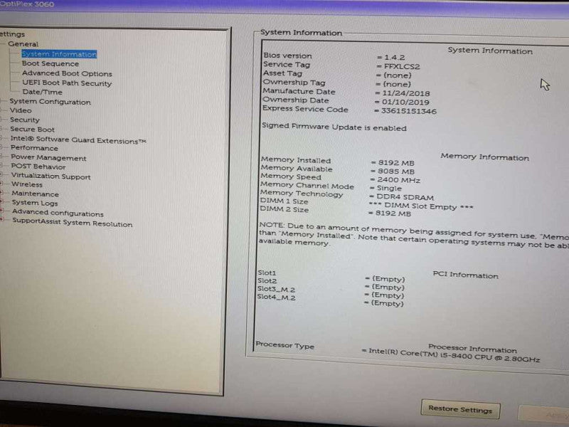 Dell OptiPlex 3060 SFF i5 - 8400 CPU @ 2.80GHz 8GB DDR4 Ram