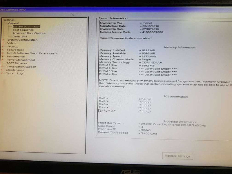 Dell Optiplex 7040 MT i7- 6700 CPU @  3.40GHz 8GB  DDR4 RaM( NO HDD)