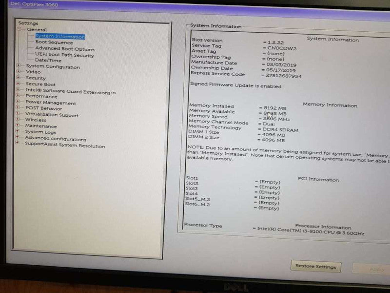 Dell Optiplex 3060 MT i3 - 8100 CPU @  3.60GHz 8GB  DDR4 RaM
