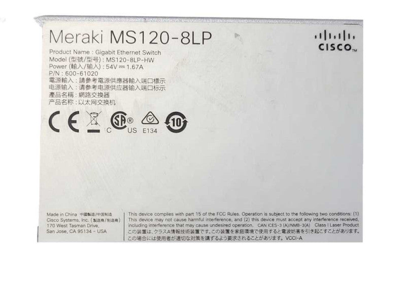 Cisco Meraki MS120-8LP-HW Cloud-Managed Network Access PoE Switch CLAIMED _