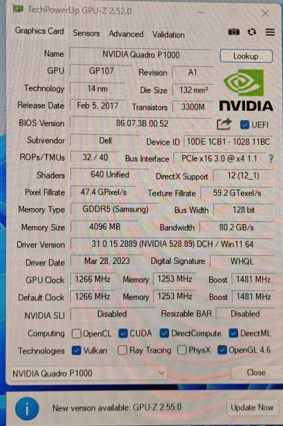 NVIDIA Quadro P1000 4GB GDDR5 PCI GPU 4x Mini DisplayPort  | Low Profile )
