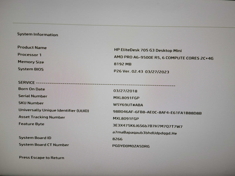 HP EliteDesk 705 G3 - AMD PRO-A6-9500E R5 | 8GB RAM | NO HDD Q