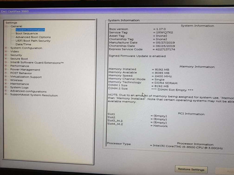 Dell Optiplex 3060  i5 - 8500  CPU @ 3.00GHz 8GB  DDR4 RaM ( NO HDD )  Q