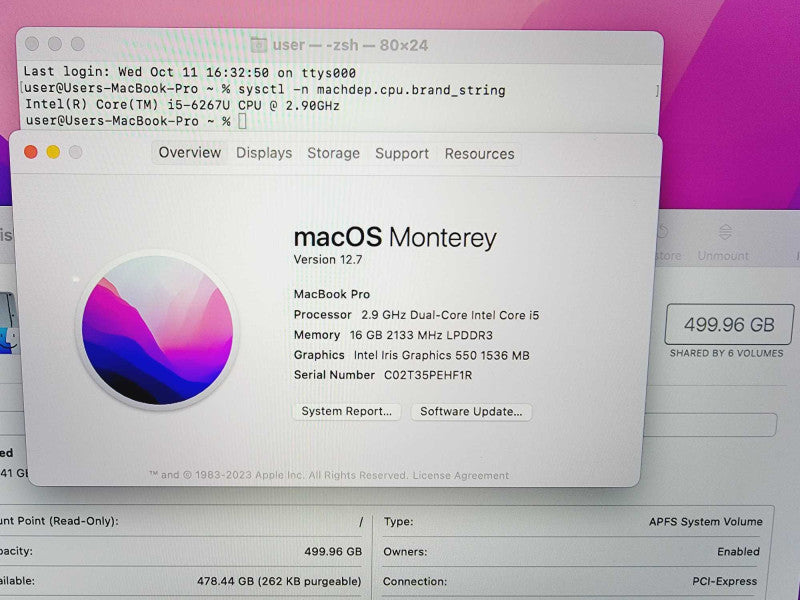Apple Macbook Pro 2016 13\\" Core i5-6267U @ 2.9GHz 16GB DDR3 500GB SSD (